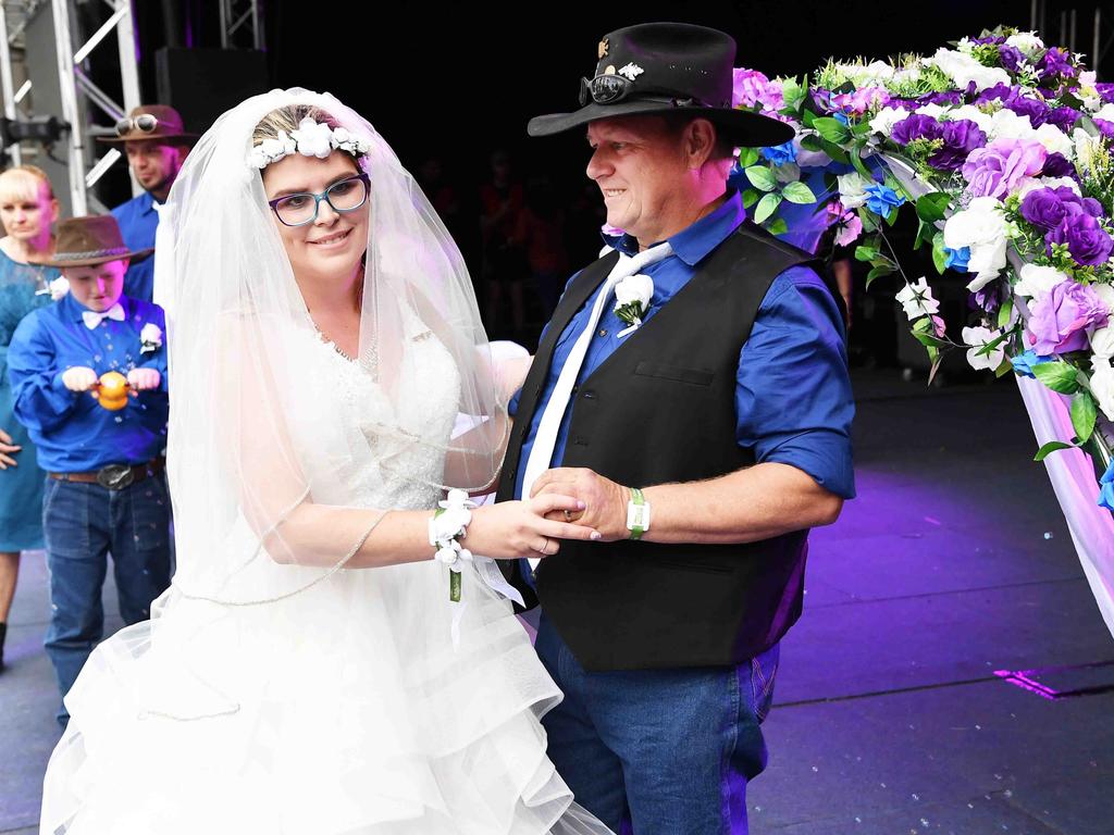 Simone Ward and Geoffrey Borninkhof, were married on The Hill Stage at Gympie Music Muster. Picture: Patrick Woods.