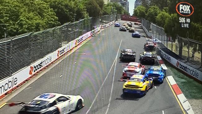 Shahin and Matt Belford collide at turn four of the first lap. Picture: Supplied