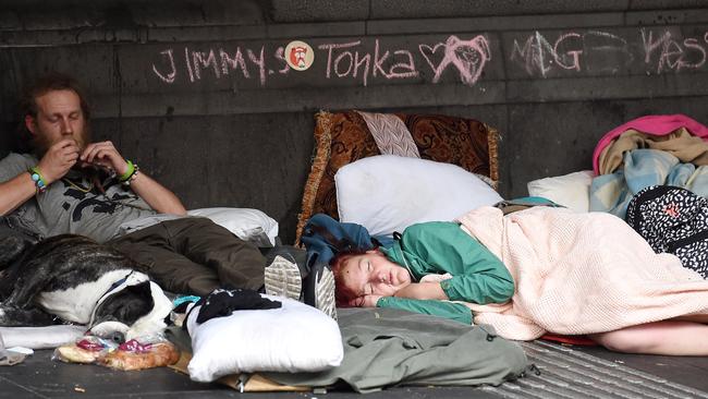 The homeless camp on Flinders street. Picture: Nicole Garmston