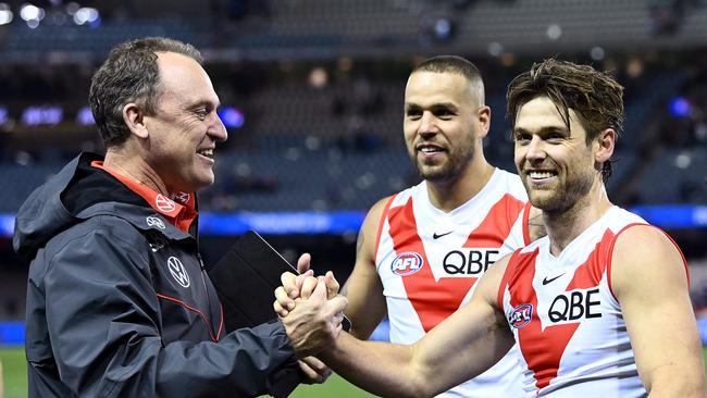 John Longmire and Dane Rampe after the shock win over the Bulldogs. Picture: Quinn Rooney/Getty Images