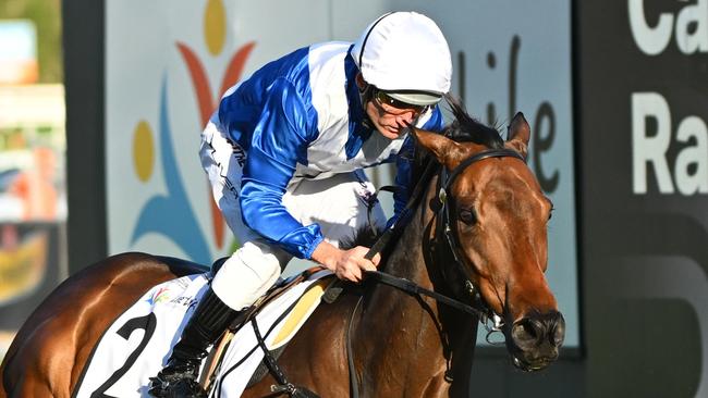 MELBOURNE, AUSTRALIA - SEPTEMBER 23: Damien Oliver riding Alligator Blood  winning Race 9, the Live Life Foundation Underwood Stakes, during Melbourne Racing at Caulfield Racecourse on September 23, 2023 in Melbourne, Australia. (Photo by Vince Caligiuri/Getty Images)