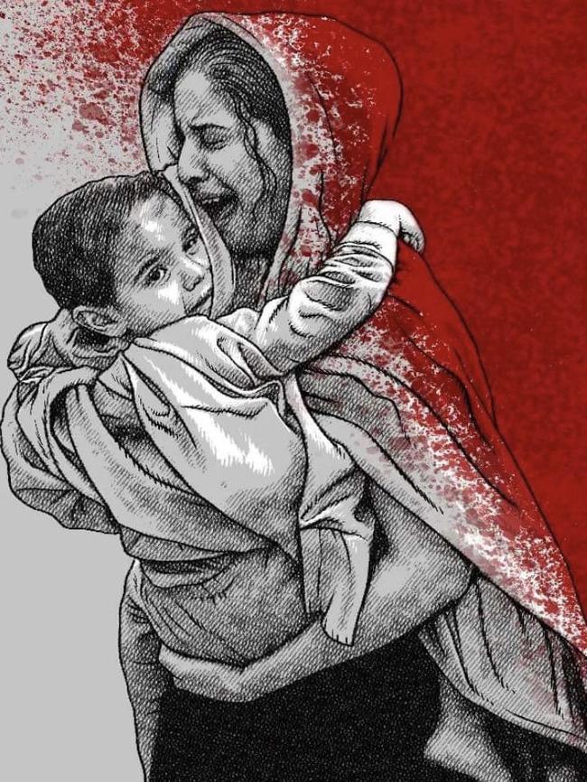 A cartoon of a Palestinian woman screaming while holding her child and being sprayed with blood.