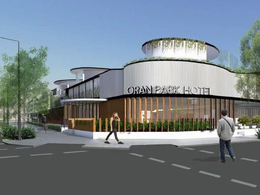 An artist's impression of Oran Park Hotel – the $38 million 'super pub' is set to include a rooftop cocktail bar, gold class cinemas, playgrounds, bistro, cafe etc.