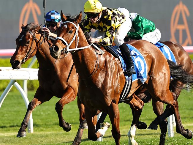 SYDNEY, AUSTRALIA - SEPTEMBER 21: James McDonald riding Autumn Glow wins Race 7 Darley Tea Rose Stakes during "Sydney Surf To Turf Day" - Sydney Racing at Royal Randwick Racecourse on September 21, 2024 in Sydney, Australia. (Photo by Jeremy Ng/Getty Images)