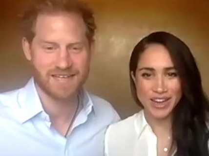 Prince Harry and Meghan Markle on Zoom call with young leaders. Picture: Queen's Commonwealth Trust