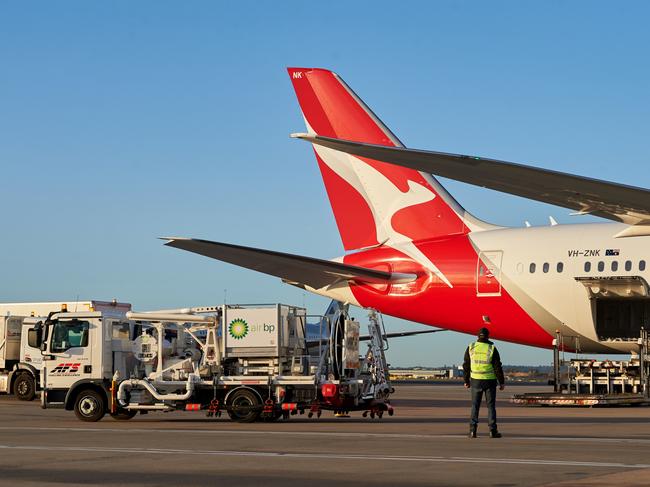 Qantas will buy 10 million litres of sustainable aviation fuel for use on flights from London, to reduce carbon emissions. Picture: Supplied