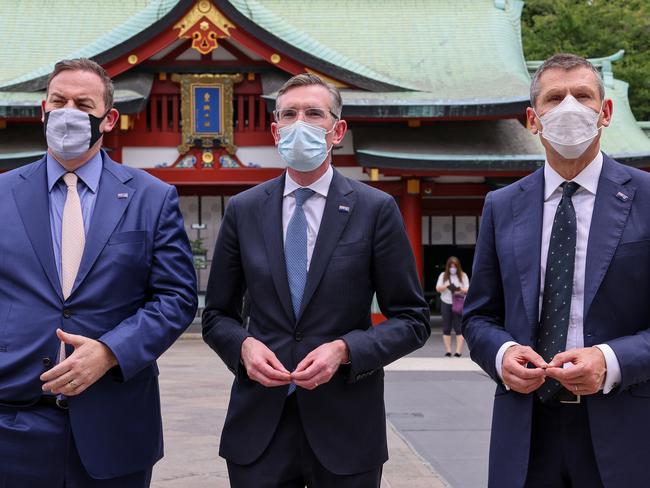 Dominic Perrottet (centre) with Department of Premier and Cabinet Secretary Michael Coutts-Trotter (right) and Senior Trade and Investment Commissioner, Japan, Michael Newman (left). Picture: Toby Zerna/Office of NSW Premier