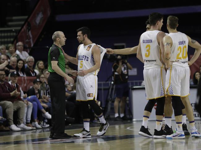 Jason Cadee of the Bullets protests a decision during the match between the Illawarra Hawks and the Brisbane Bullets. Picture: Brook Mitchell/Getty Images