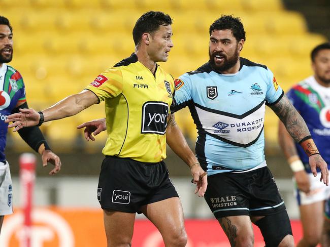 Andrew Fifita of the Sharks appeals to referee Henry Perenara during the round 18 NRL match between the New Zealand Warriors and the Cronulla Sharks. Picture: Hagen Hopkins/Getty Images