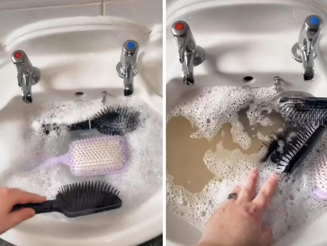 A TikTok creator wanted to see if her innocuous looking hairbrushes could be harbouring some serious grime - so she put them in a basin full of hot water and shampoo for an hour. Picture: TikTok