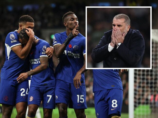 Chelsea players celebrate and (inset) Ange Postecoglou reacts during Tottenham’s 4-1 loss in London. Photos: Getty Images