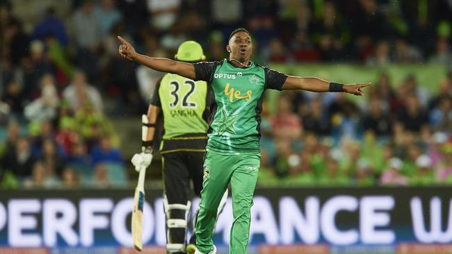 Dwayne Bravo of the Stars celebrates a wicket