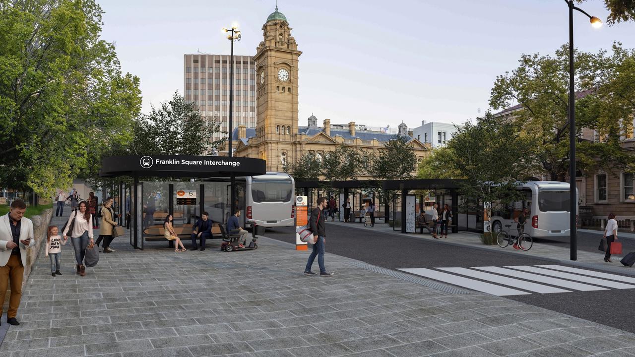 A concept design of a bus rapid transit interchange at Franklin Square in Hobart. Picture: Supplied/Department of State Growth