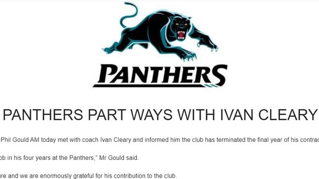 Penrith’s 2015 press release announcing Ivan Cleary’s sacking.