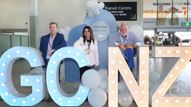 Gold Coast Airport CEO Chris Mills (left) with Destination Gold Coast CEO Patricia O'Callaghan and Chairman Paul Donovan (right) celebrating the reopening of the trans-Tasman Bubble. Picture Glenn Hampson