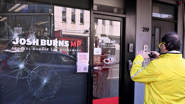 The windows of federal Labor MP Josh Burns’ office were also smashed. Picture: AFP