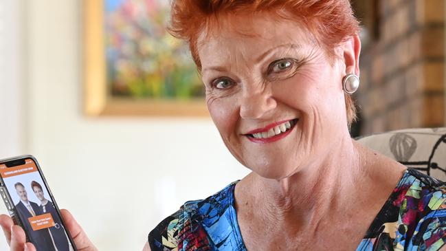 One Nation leader Pauline Hanson shows off her party’s new preferencing app. Picture: Lyndon Mechielsen