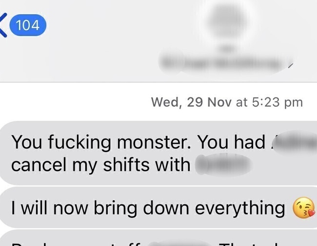 The man blamed Natalie for the loss of work and sent this threatening text message.