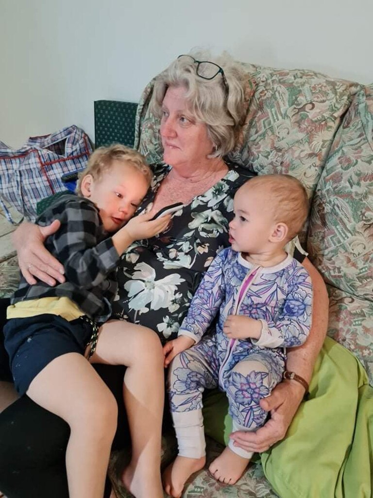 Lisa Minz with grandchildren Elijah and Addie Daniells, currently stuck in Moree after being refused entry into Queensland.