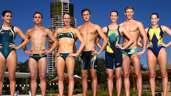 Maddison Keeney, Domonic Bedggood, Bronte Barratt, Cameron McEvoy, Emma McKeon, Jake Packard, and Kelsey Wakefield at the launch of the Olympic swimming uniforms for Rio. Pics Adam Head