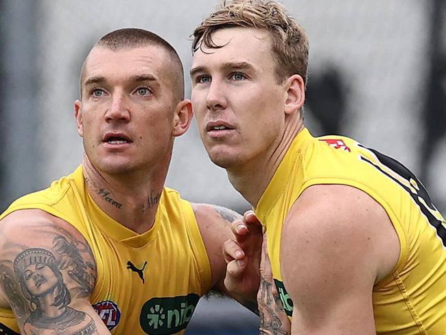 MELBOURNE . 28/02/2023.  AFL .  Richmond training at Punt Road Oval.  Richmonds Dustin Martin  and  Tom Lynch during todays training session . Pic: Michael Klein