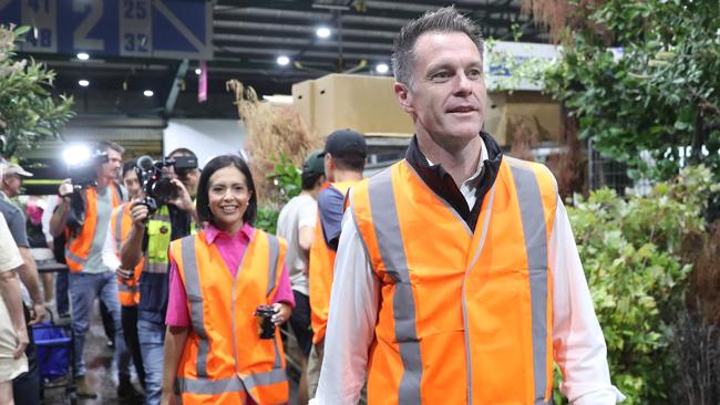 Labor leader Chris Minns visits Sydney Markets in Homebush on Friday. Picture: John Grainger