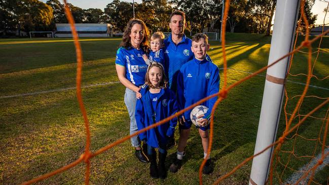 Charlotte and Michael Reimer with kids Bruce, 10, Chelsea, 7, and Luigi, 2, are  worried they won't be able to play soccer at UniSA Magill campus as its future is uncertain, pictured on July 2nd, 2024.Picture: Tom Huntley