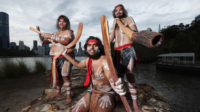 Aaron Ruska, Lyric Ruska and Jerimiah Coolwell from the Mirrabooka Aboriginal Experience, Kangaroo Point. Picture: Liam Kidston