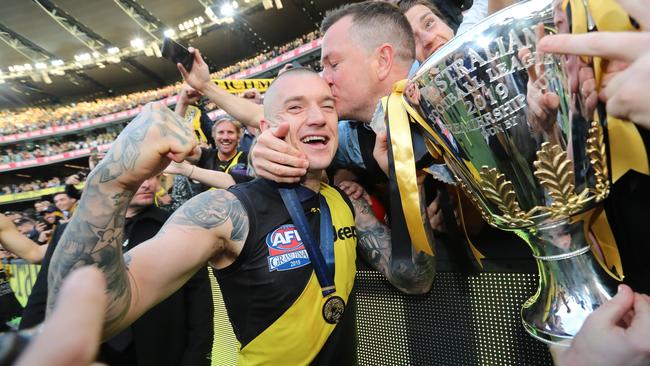 Dustin Martin celebrates his second Premiership and second Norm Smith Medal. Picture: Alex Coppel.