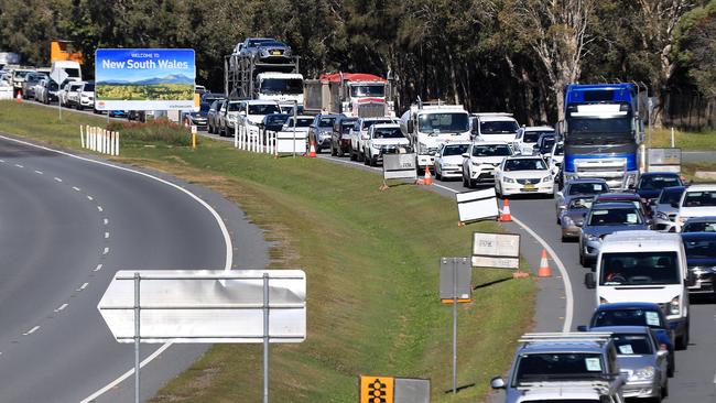 Traffic builds up at Coolangatta Border crossing. Pics Adam Head