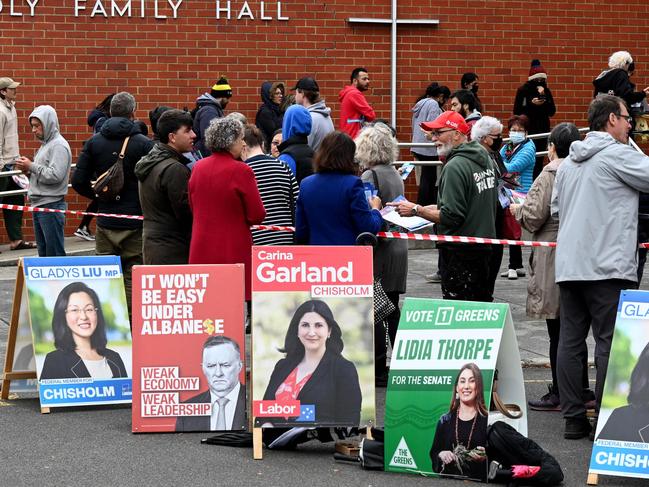 Voters queue at a pre-polling centre in the seat of Chisholm on Thursday. Picture: William West/AFP