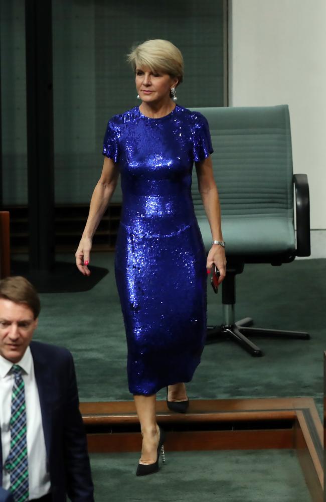 Julie Bishop arrives for Treasurer Josh Frydenberg’s Budget speech in the House of Representatives in Parliament House in Canberra. Picture Gary Ramage