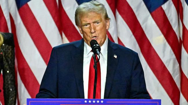 Former US President and Republican presidential candidate Donald Trump speaks during an election night event at the West Palm Beach Convention Center in Florida, needing just a handful of electoral votes to defeat Democratic Vice President Kamala Harris. Picture: Jim Watson/AFP