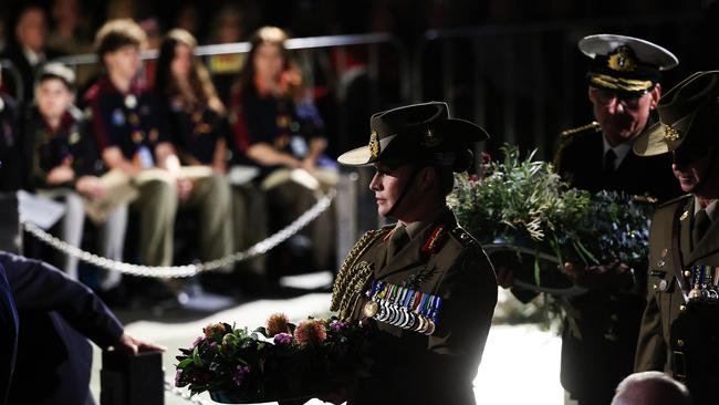 Wreaths are laid at during the Anzac Dawn Service at the Martin Place Cenotaph. Picture: Mark Evans/Getty Images