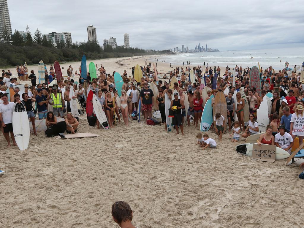 Protest at Burleigh against an oil company drilling in the Great Australian Bight. Pic Mike Batterham.