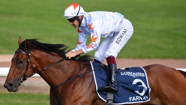 Jockey Hugh Bowman steered Farnan to victory in the Golden Slipper. Picture: AAP