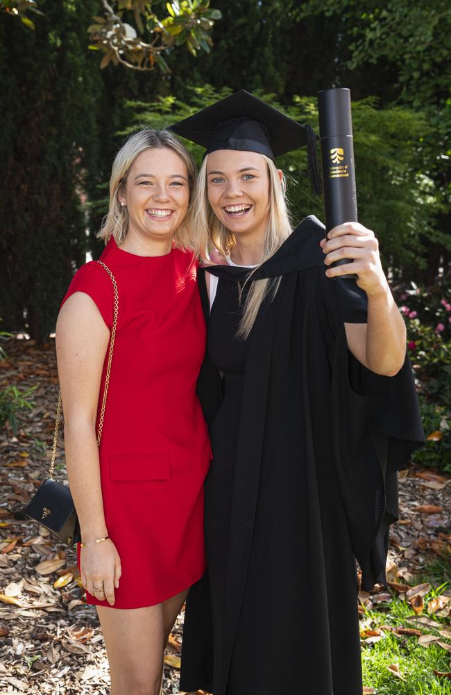 Maddy Forrest congratulates her sister Ainsley Forrest on her graduation with a Bachelor of Education (Primary) at a UniSQ graduation ceremony at The Empire, Tuesday, October 29, 2024. Picture: Kevin Farmer