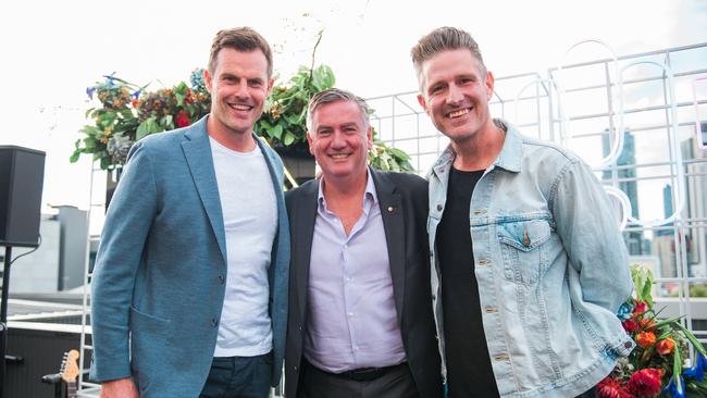 Triple M’s Hot Breakfast team Luke Darcy, Eddie McGuire and Wil Anderson. Picture: Matt Nikolic/Supplied