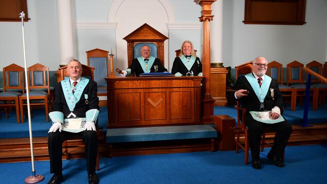 Freemasons Worshipful Masters L-R Jim Greenfield,Craig Mitchell ,Robert Jennings and Director of Ceremonies Darryl Jones sit in their official chairs inside their Edwardstown Masonic Lodge. Picture: AAP/Mark Brake