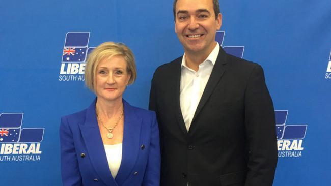 Tea Tree Gully Councillor Paula Luethen-Soper with Liberal leader Stephen Marshall after being announced as the party’s preselected candidate for King.