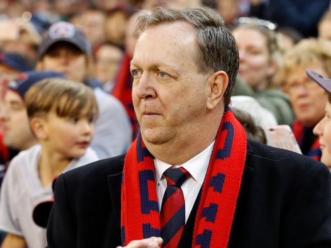 MELBOURNE, AUSTRALIA - AUGUST 26: Demons president Glen Bartlett celebrates the club making the finals during the 2018 AFL round 23 match between the Melbourne Demons and the GWS Giants at The Melbourne Cricket Ground on August 26, 2018 in Melbourne, Australia. (Photo by Adam Trafford/AFL Media)