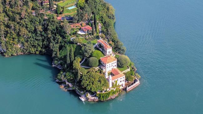 Aerial view of Villa del Balbianello on Lake Como.