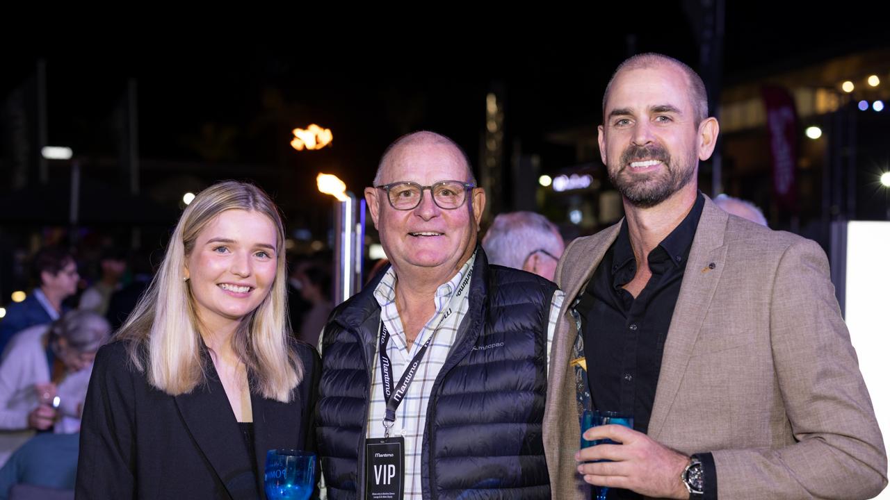 Georgia Gillies, Ross Luxford and Anthony Lazenby for The Pulse at Maritimo Luxury Yachts global launch of the S75 and M75 at the Sanctuary Cove International Boat Show 2023. Picture: Celeste Humphrey