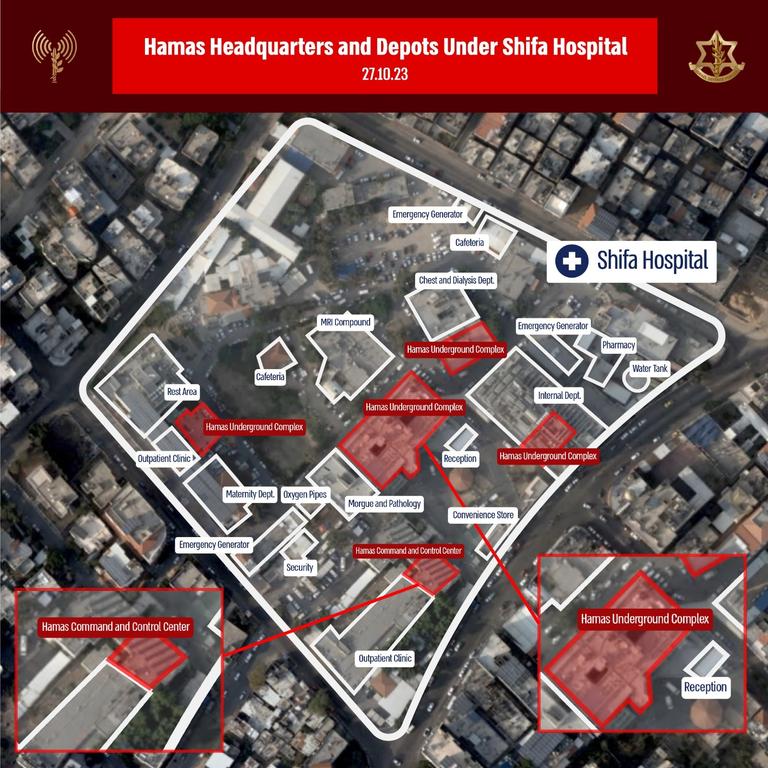 This map, issued by the Israeli Defence Force, shows the alleged positions of Hamas bunkers and facilities beneath the Shifa Hospital in Gaza.