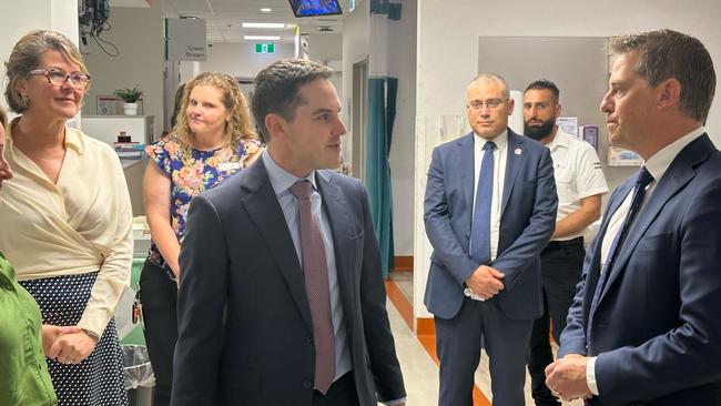 President of the NSW Jewish Board of Deputies David Ossip (3rd from Left) with Ryan Park (Far Right) at Bankstown Hospital the day after two nurses from the hospital were stood down over their antisemitic rants on an online chat channel.