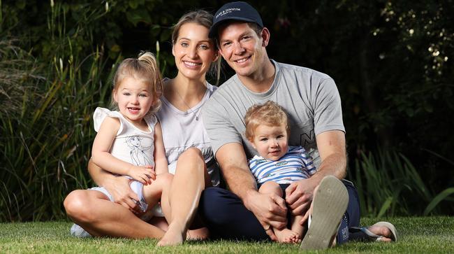 Australian Test Cricket captain Tim Paine with wife Bonnie Paine and kids Milla, 2 and Charlie, 18 months will be isolating at home this Easter. Picture: Zak Simmonds