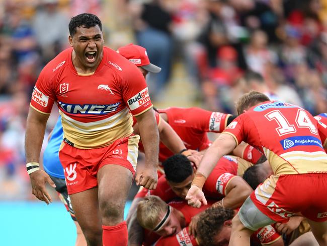 Tevita Pangai Jr celebrates the Dolphins’ victory over the Warriors. Picture: Matt Roberts/Getty Images