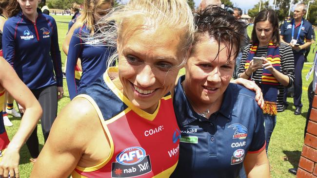 Erin Phillips celebrates the win with coach Bec Goddard. Picture Sarah Reed