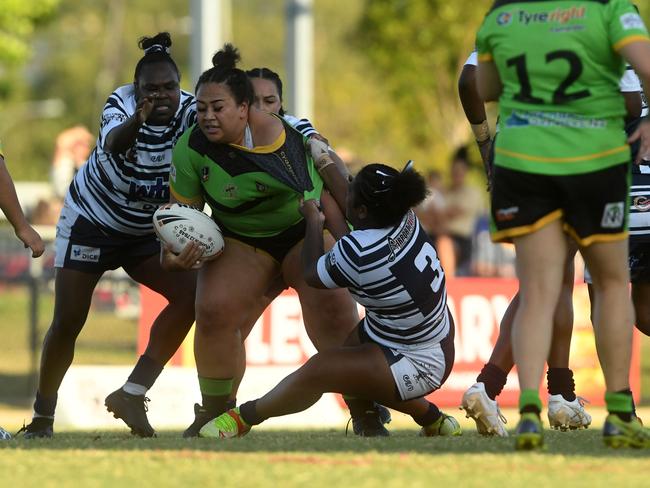 Palmerston Raiders Ciara Aigea is tackled in the Womens NRLNT Grand Final 2022. Picture: (A)manda Parkinson