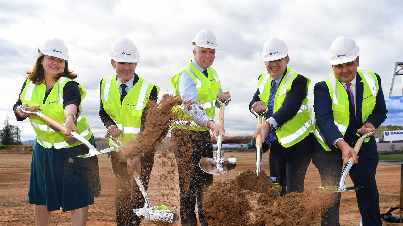 Mayor Harding and opposition leader Peter Dutton breaking ground during construction of Australian Defence Force’s new $370 million facility at Bundamba. Picture: Dan Peled